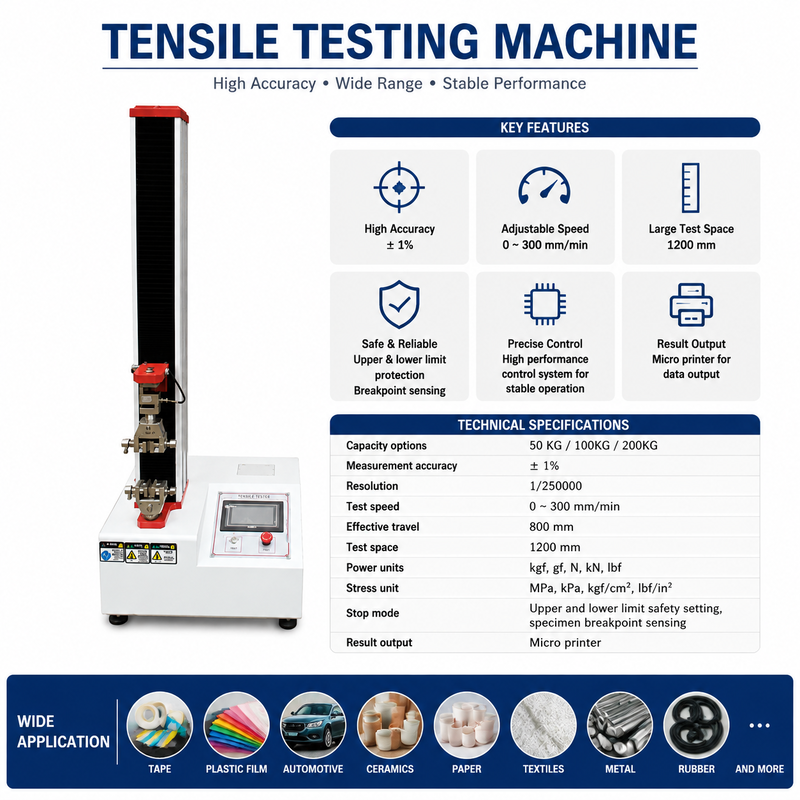 Máquina de ensayo de resistencia a la tracción de alta precisión 50KG 100KG 200KG Tester de resistencia del material universal para cinta de plástico de goma