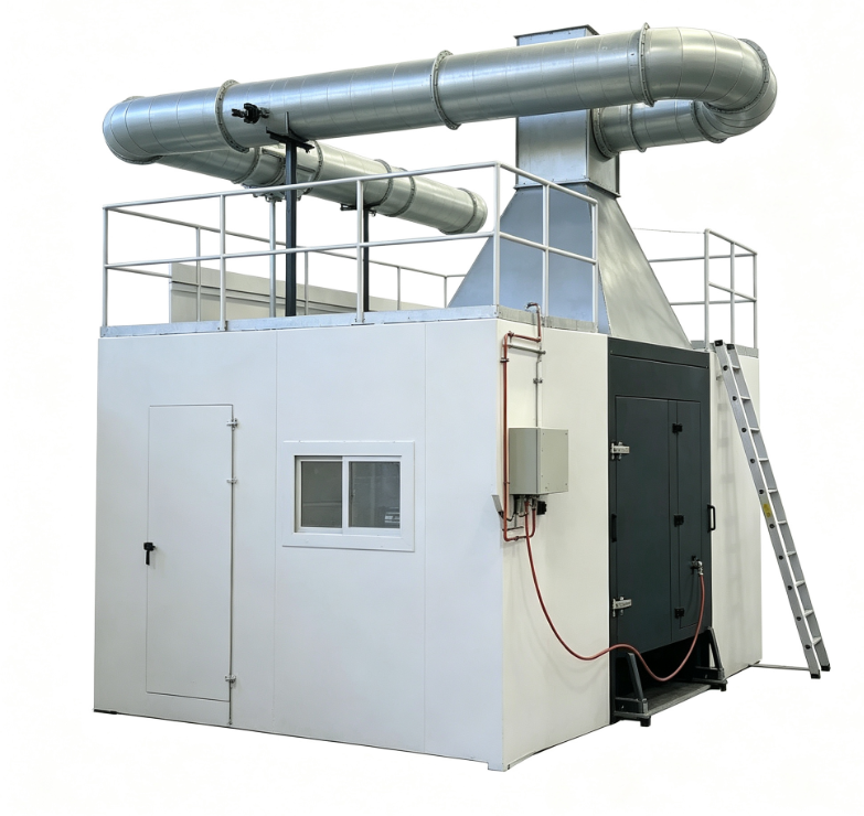 Aparato de prueba de artículo único en combustión conforme a EN 13823 con quemadores de propano de 31 kW y medición de densidad de humo integrada