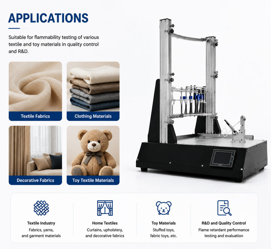 Equipo de ensayo de inflamabilidad multipropósito con nivel de llama ajustable SUS 304 de acero inoxidable y control PLC para materiales textiles y juguetes